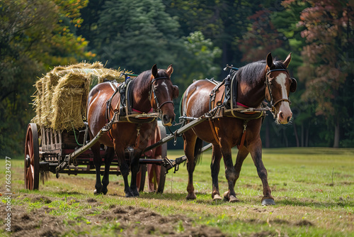 Team of horses pulling a hay wagon. Anyone up for a hay ride on the farm?  © Fabio