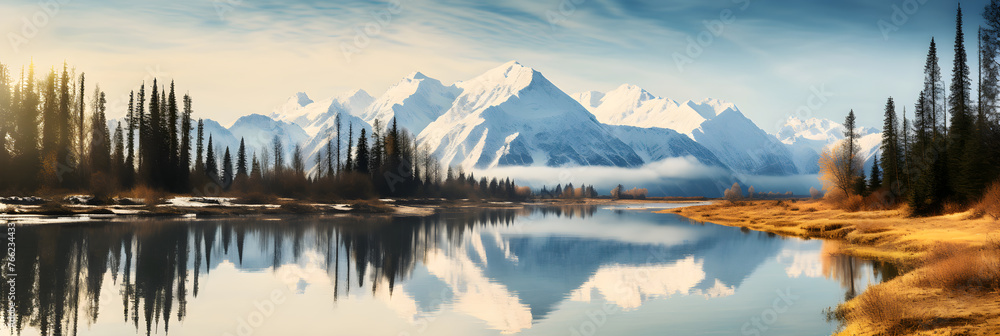 Golden Dusk Over Alaskan Wilderness: Majestic Mountains Reflecting on Serene Lake