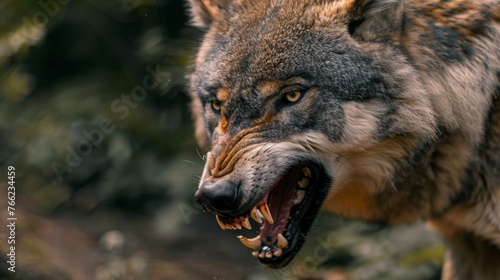 An image capturing a close-up of a snarling wolf  its teeth bared in a threatening display of aggression as it defends its territory.