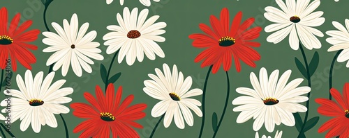 Daisy pattern, hand draw, simple line, green and red
