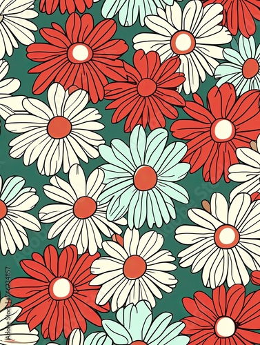 Daisy pattern  hand draw  simple line  green and red