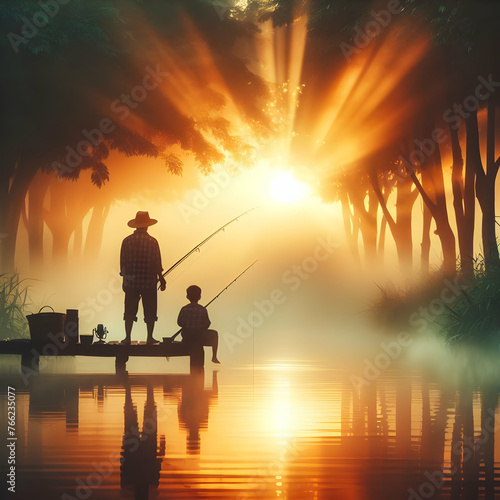 Photo real for Dad and son fishing at dawn in father day theme ,Full depth of field, clean bright tone, high quality ,include copy space, No noise, creative idea
