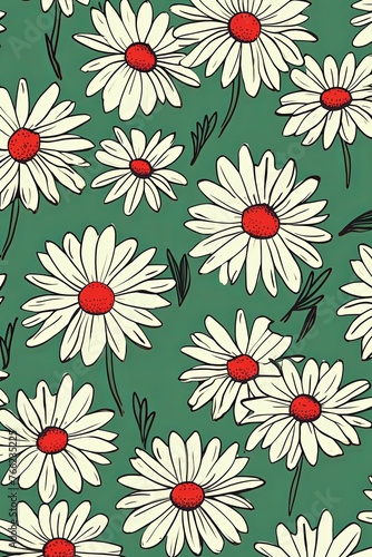 Daisy pattern  hand draw  simple line  green and red