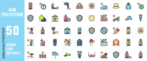 50 Sun Protection Icons Set Pack Line Editable Vector Illustration