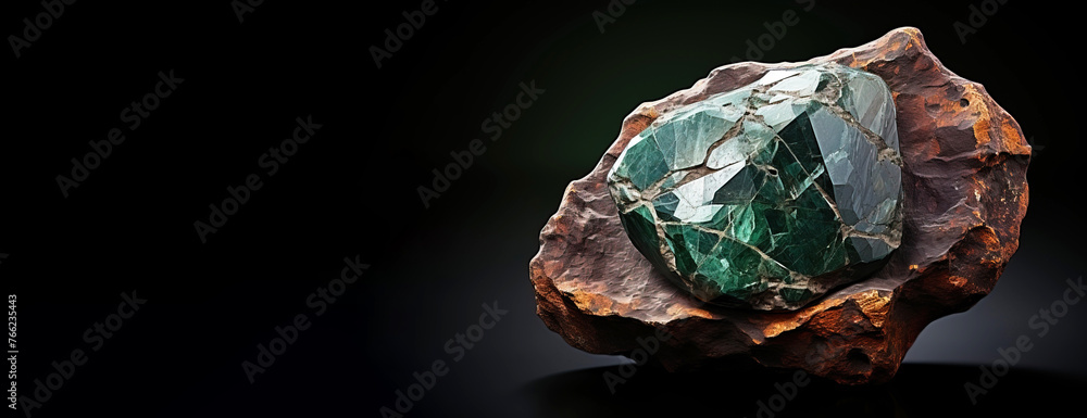 Derriksite is a rare precious natural stone on a black background. AI generated. Header banner mockup with space.
