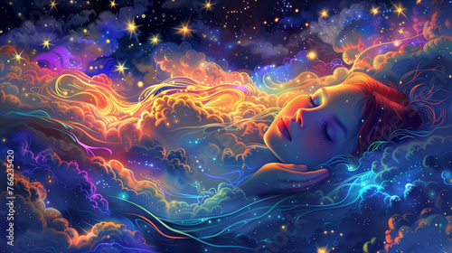 Colorful cosmic dreamscape with a serene woman's profile.