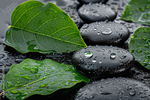 Zen stones and leaves with water drops 