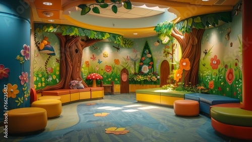 Warmly lit kids' zone with colorful furniture and whimsical tree mural photo