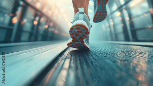 Exercise session captured through moving sneakers on treadmill photo
