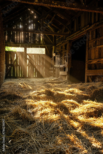 Old wooden barn full of old hay with light shining through the wooden boards
