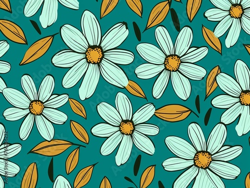 Daisy pattern  hand draw  simple line  green and turquoise