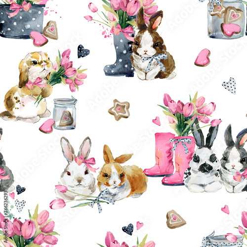 Cute watercolor baby bunny with flowers seamless pattern. Hand-drawn watercolor portrait of a rabbit bunny with a bouquet of flowers (ID: 766236293)