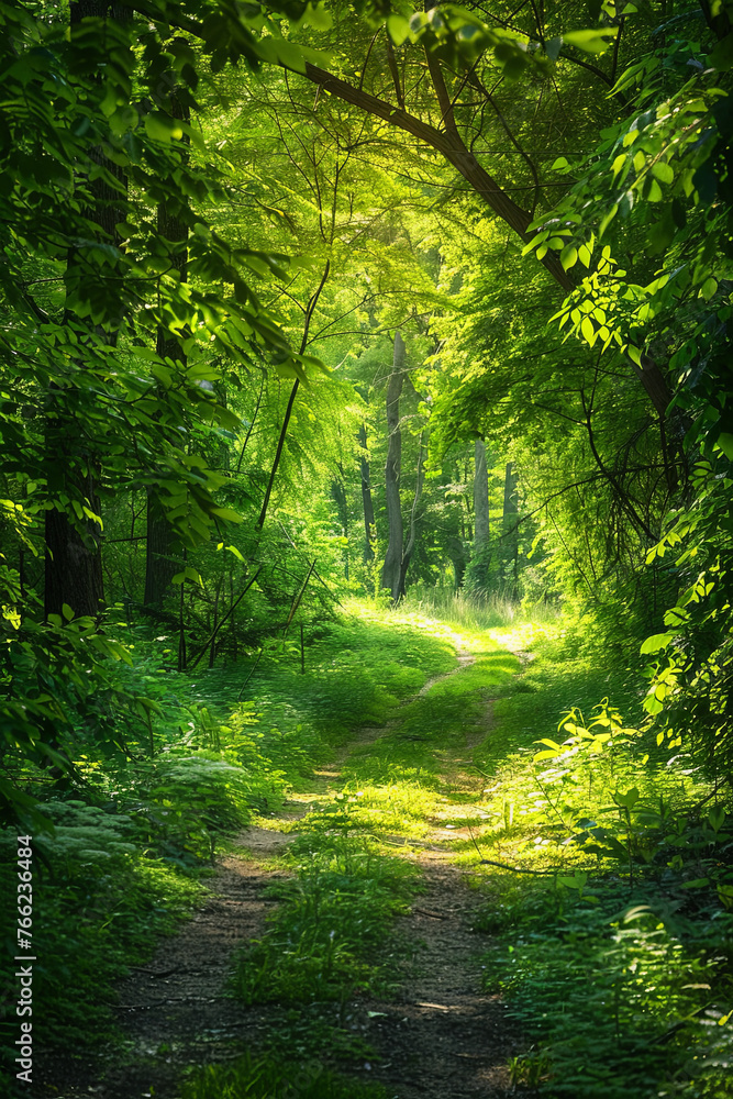 Panorama of a path through a lush green summer forest
