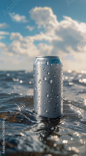 A silver can of beer is floating in the water, with a crystal clear and blue sky background. The photo uses high saturation colors to highlight the contrast between light and dark tones. Macro photogr