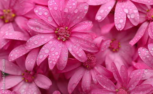 A bunch of pink flowers with water droplets