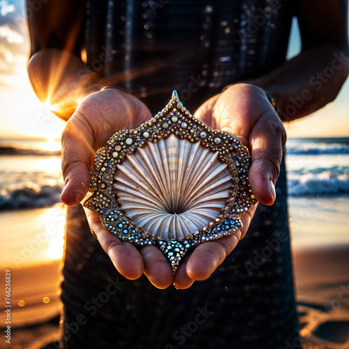 A man holding a beautiful shell against the backdrop of a sea sunset, showing it off for a photograph. The sink has a golden sand design which makes it an attractive and unique decoration.
