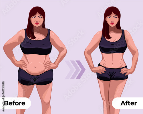 Women's body changes before and after fitness show vector illustrations