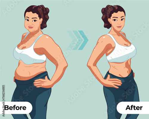 Women's body changes before and after fitness show vector illustrations