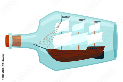 Ships in bottle. Glass with object inside. Miniature model of marine vessel. Hobby craft work and sea theme. Decorative marine souvenir, sailing craft