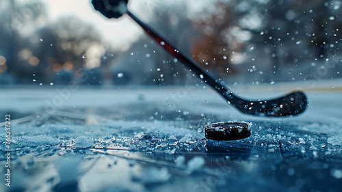 Frozen rink with swift puck hit by a striped hockey stick