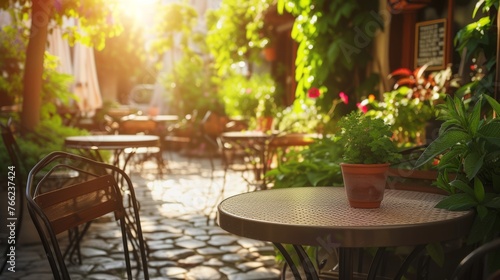 Sunlit patio of a charming cafe with green plants and cobbled flooring inviting a peaceful coffee break.