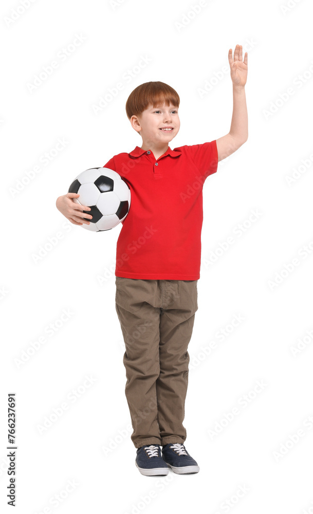 Little boy with soccer ball waving hand on white background