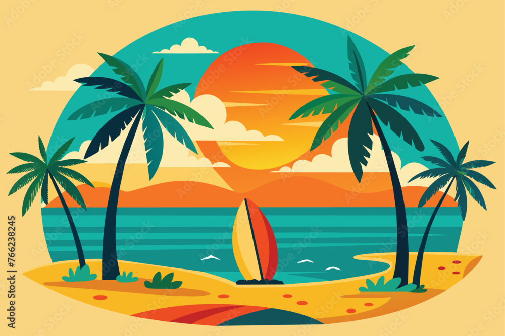 create beach-scene-with-sun-and-sea--one-surfbo .eps