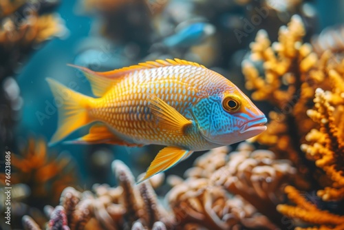 Colored fish on a background of corals and a reef underwater, selective focus