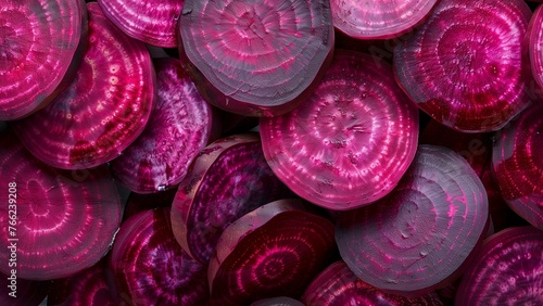 Slices of Purple Beets Arranged in Circular Layers, Highlighting Their Vibrant Magenta Rings