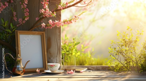 A mock-up of a blank menu or order card on a table with a tasteful tea set in a tranquil setting with soft sunlight. photo