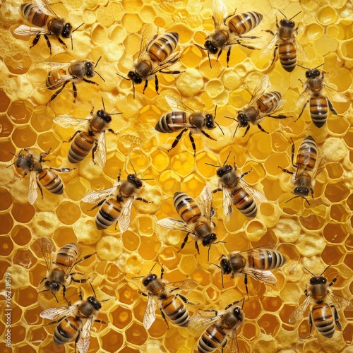 Busy Honeybees on Golden Honeycomb. Generative AI.