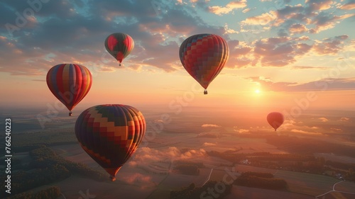 High-altitude view of multi-colored hot air balloons in a peaceful sky