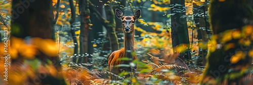 a deer standing in the middle of a forest filled with lots of green and yellow plants and trees in the background.