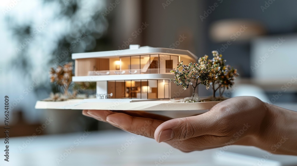 Side perspective on architectural rendering held in designer's hand