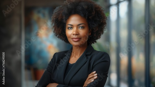 A portrait of a confident and proud African American woman symbolizing powerful corporate leadership. A representation of diversity and strength in the business world