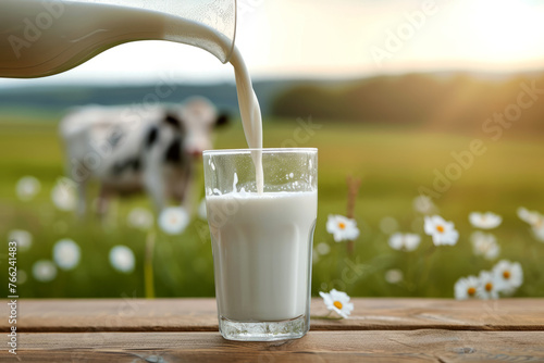 Pouring fresh milk into a glass standing on a wooden table overlooking a green meadow with flowers and a cow with space for text or inscriptions. Banner or background with milk
 photo