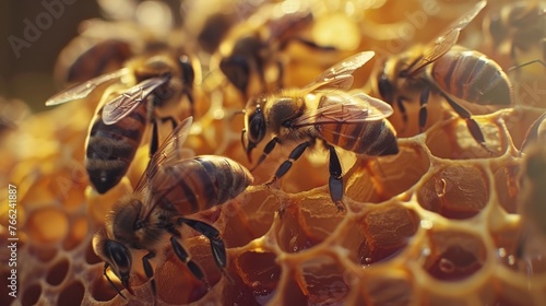 A close-up shot of bees working together to make honeycomb, showcasing their collaborative spirit and adaptability in the heartwarming world of beekeeping. Generative AI. © Tuyres
