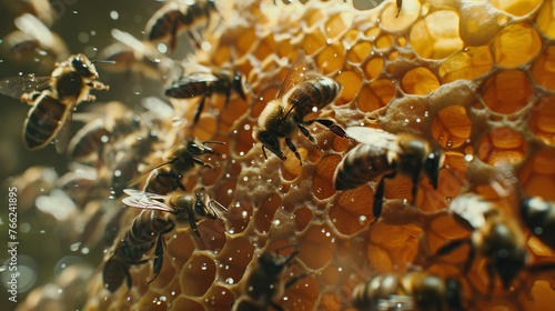 Close-Up of Honey Bee on Honeycomb. Generative AI.