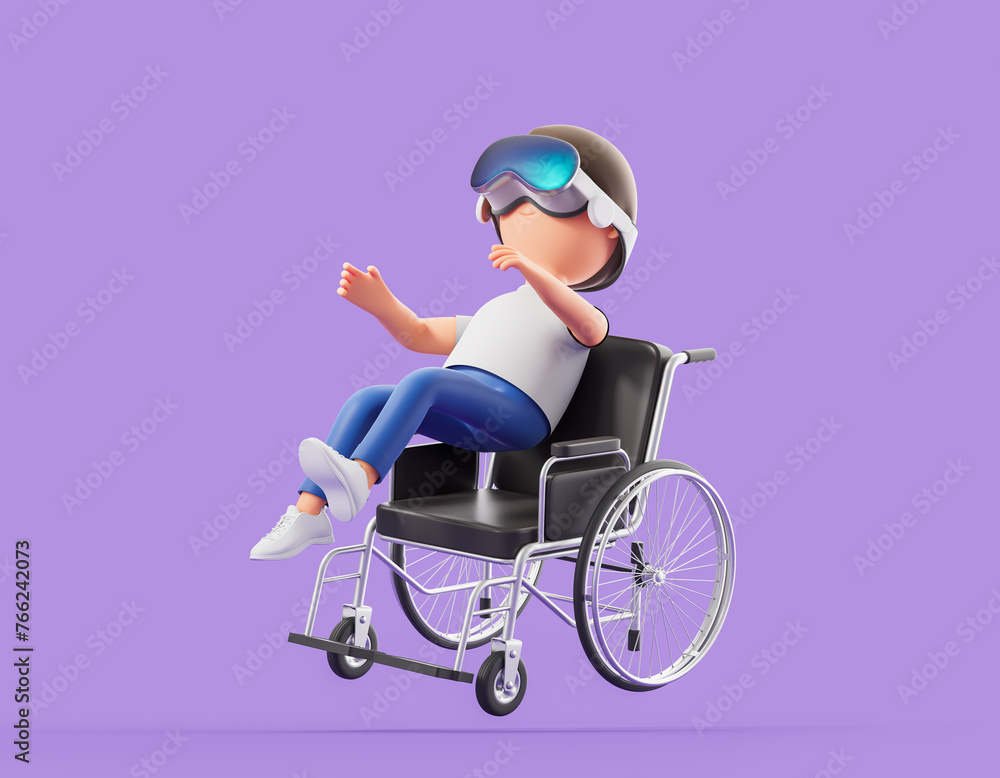 Cartoon man vr glasses flying with wheelchair and finger touch something Cartoon man vr glasses flying with wheelchair and finger touch something