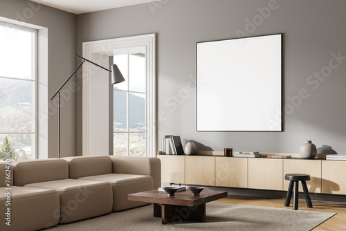 Stylish living room interior with couch and drawer near window. Mockup frame