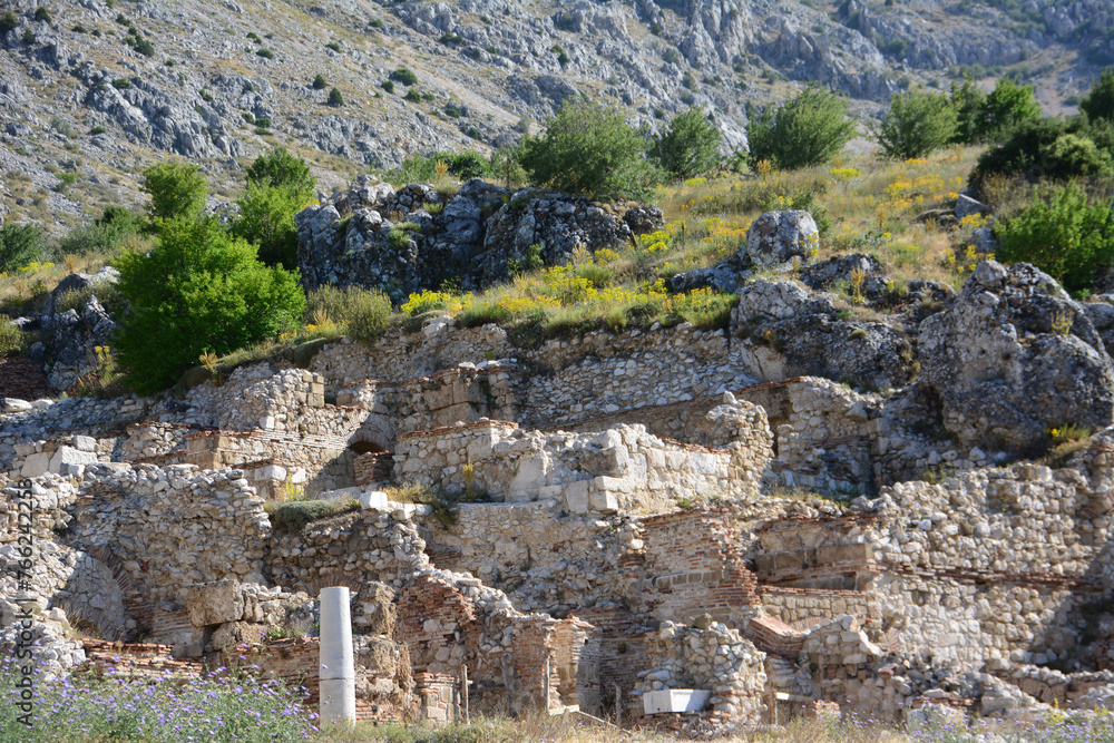 ruins of ancient city Sagalassos with mountains on background 