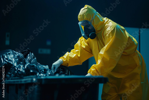 A man in a yellow protective suit and mask throws something dangerous into the garbage or picks up something. Virus or other harmful things to health
 photo