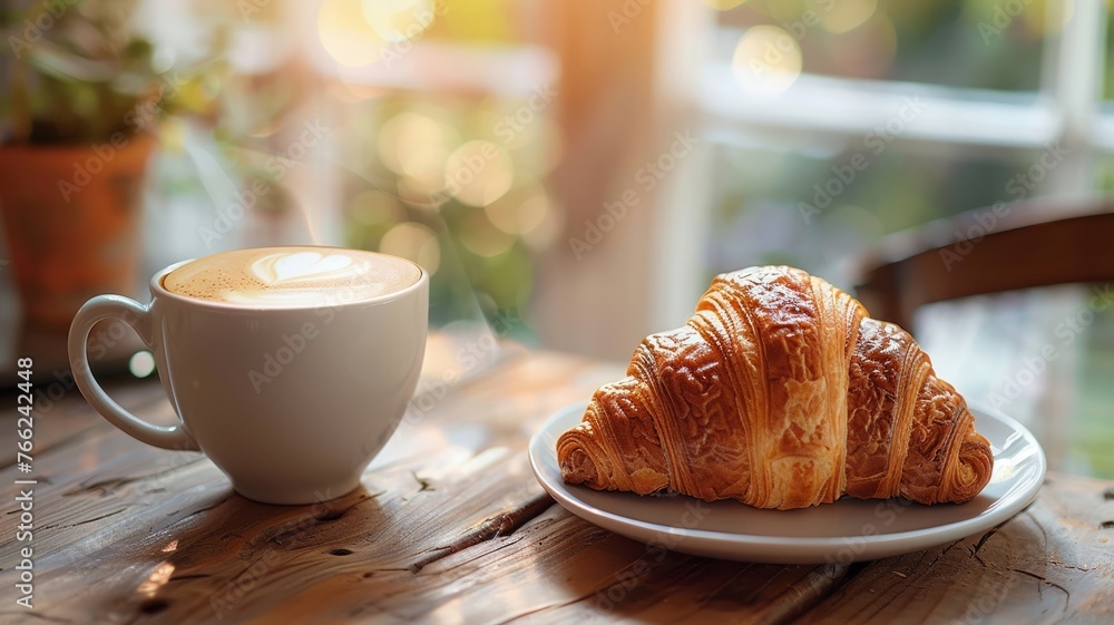 Morning coffee and croissant on a rustic wood table with soft lighting Morning coffee and croissant on a rustic wood table with soft lighting