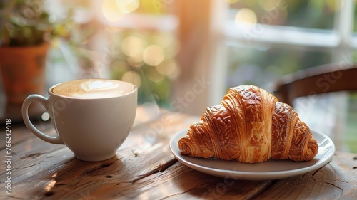 Morning coffee and croissant on a rustic wood table with soft lighting photo