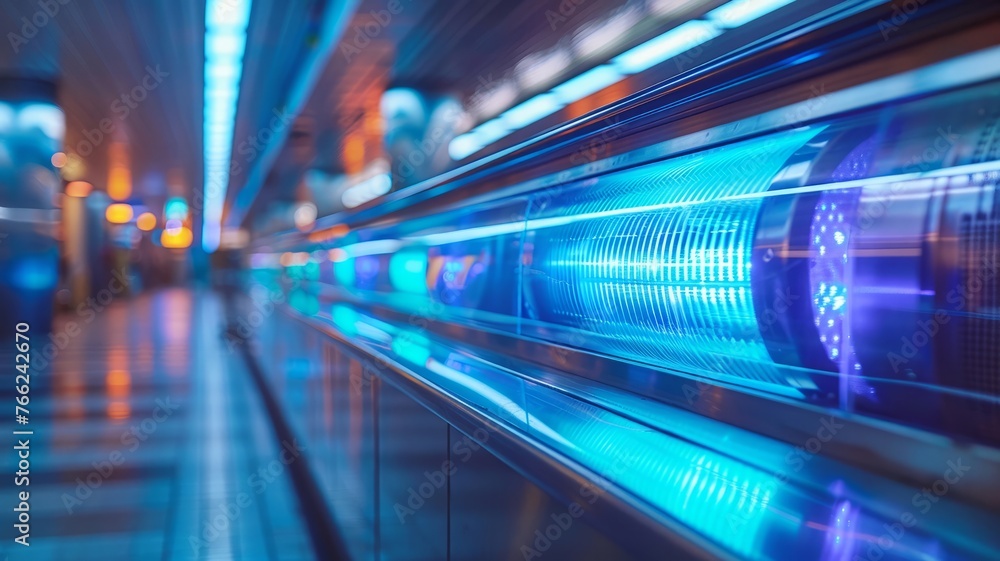 Ultraviolet sterilizer on moving handrail against a blurred background Ultraviolet sterilizer on moving handrail against a blurred background