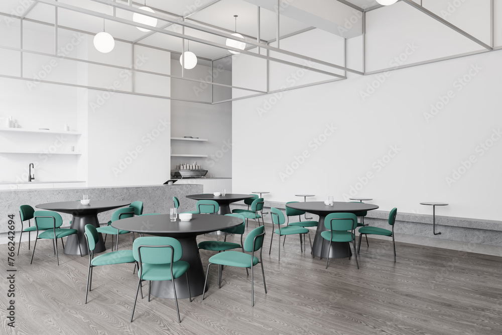 White cafe interior with eating table, bar island and shelf with coffee machine White cafe interior with eating table, bar island and shelf with coffee machine