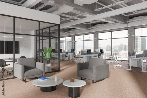 Modern office interior with relaxing and coworking zone, panoramic window