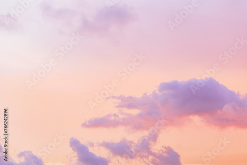 Photography Pastel Sunset, violet fluffy clouds on pink peach colored sky, dreamy cloudscape