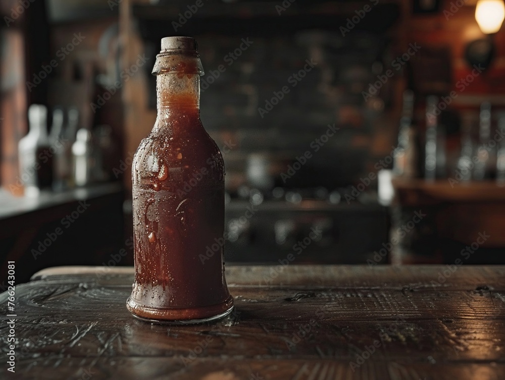 Artisanal smoked ketchup, in a long shot, elegantly displayed in a vintage glass bottle on a farmhouse kitchen counter