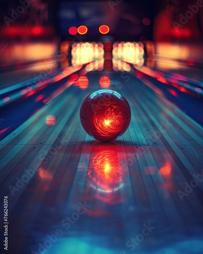 A dynamic bowling game, neon signs flashing, in a retro ambiance, captured from a low angle for dramatic effect